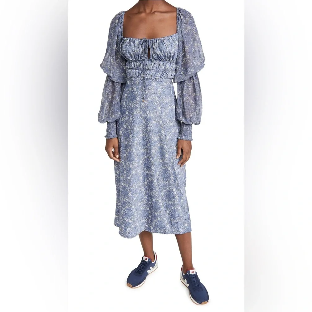 Free People Blue Floral Long Sleeve Midi Dress